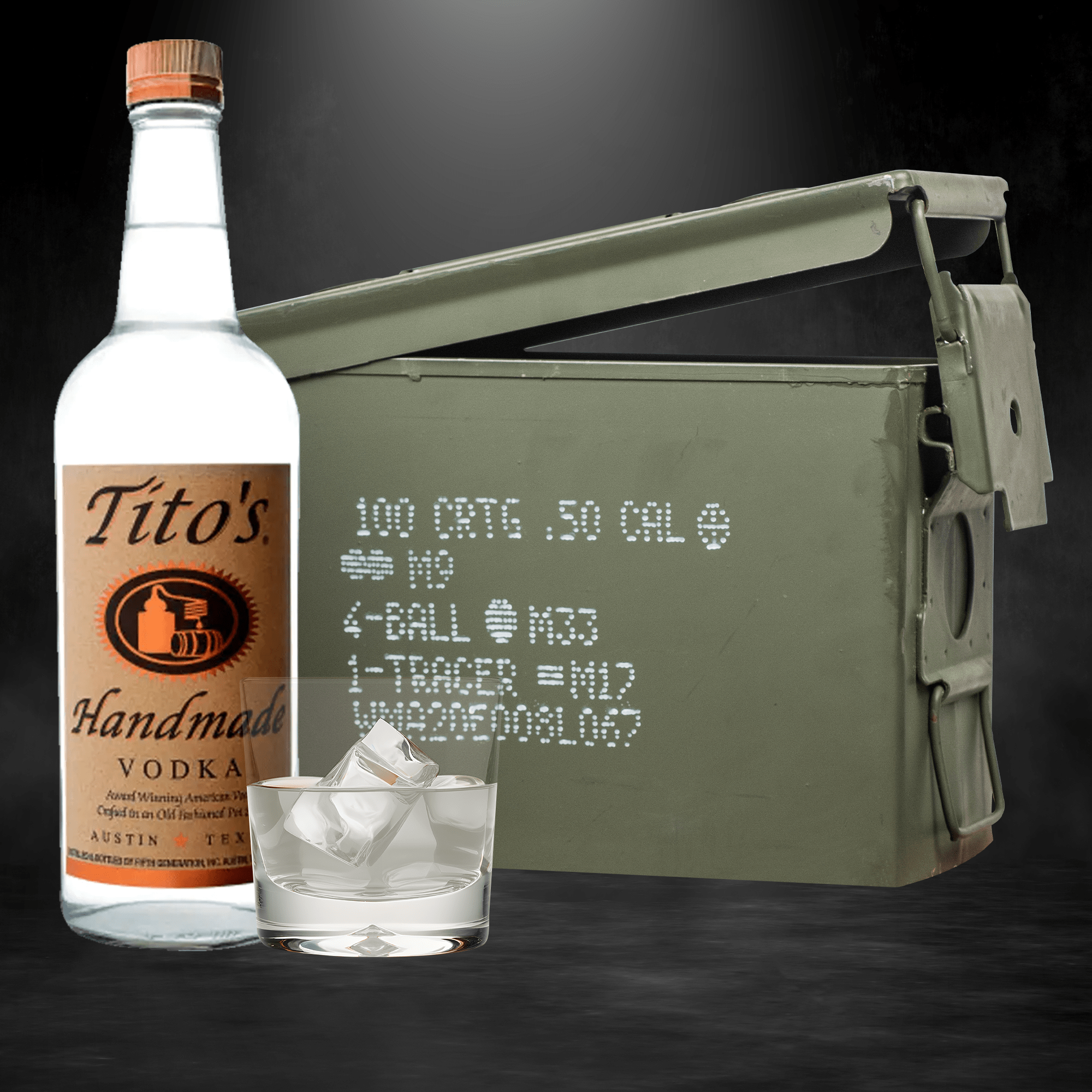Tito’s Handmade Vodka bottle inside authentic ammo can gift set